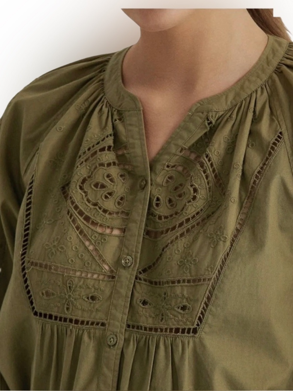 LAUREN Ralph Lauren & Eyelet Cotton Peasant Blouse Olive Green Sz S/P NWOT